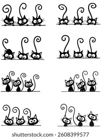 cartoon illustration featuring rows of black cats with a playful and animated style. The cats have expressive eyes and a series of curved, swirling tails. 