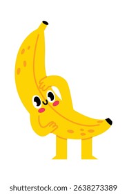 Cartoon illustration featuring a shy banana character with arms, legs, and a face, slightly bending forward while blushing and playfully holding a hand to its head