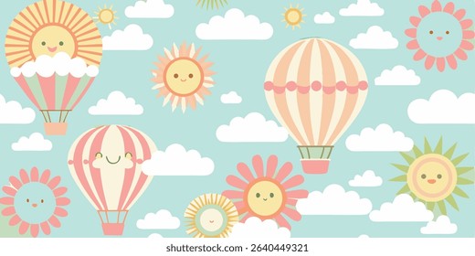 Cartoon illustration featuring smiling suns, flowers, and striped hot air balloons in pastel colors, set against a sky with fluffy white clouds.