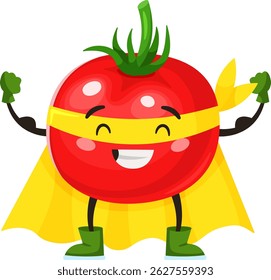 Cartoon illustration featuring a smiling superhero tomato in a yellow cape and mask, flexing its muscles to promote healthy eating and the power of vegetables