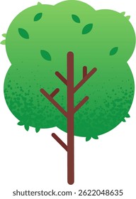 Cartoon illustration featuring a stylized tree with a brown trunk and branches. Supporting a rounded. Bright green crown dotted with simple leaves. Creating a cheerful and minimalist natural element
