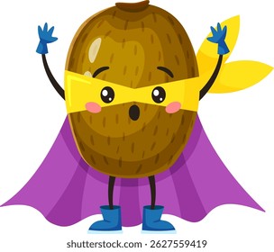 Cartoon illustration featuring a superhero kiwi fruit, proudly wearing a cape, mask, and gloves, joyfully raising its hands in a cheerful display of power and positivity