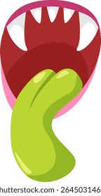 Cartoon illustration featuring a terrifying monster with wide open jaws, revealing a large green tongue and sharp white teeth, perfect for Halloween themed projects and designs