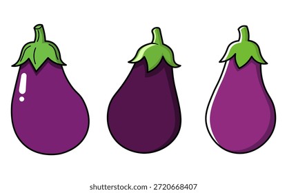 Ilustración de dibujos animados con tres berenjenas moradas con tapas verdes sobre un fondo blanco limpio. Perfecto para diseños de alimentación saludable, guías de verduras o proyectos de alimentos para niños. Un simple Arte vectorial.

