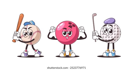Cartoon Illustration Featuring Three Retro Style Sports Balls With Cute Facial Expressions. Vector Funny Baseball