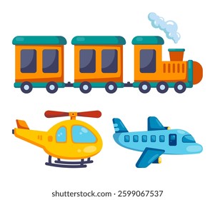 A cartoon illustration featuring a train, airplane, and helicopter, representing various modes of transport in a cheerful style.