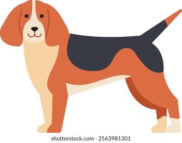 Cartoon illustration featuring a tricolor beagle dog standing and watching attentively, showcasing its friendly and playful nature as a beloved domestic pet against a white background