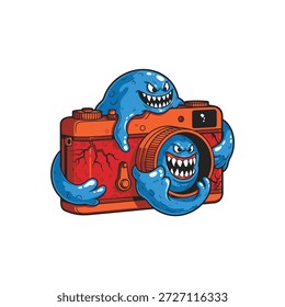 Una ilustración de dibujos animados con dos monstruos azules aferrados a una cámara vintage naranja, mostrando un diseño juguetón y caprichoso.