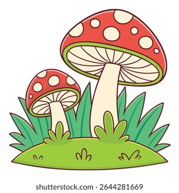 Cartoon illustration featuring two mushrooms with red caps and white spots growing from a green grassy patch. The illustration has bold outlines and a simple, vibrant color scheme.