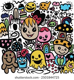 Cartoon illustration featuring a variety of playful characters and whimsical doodles in bright colors, arranged on a white background with a fun and cheerful vibe.
