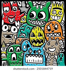 Cartoon illustration featuring a variety of vibrant monsters and characters with playful expressions, drawn with an offset effect against a white background filled with whimsical elements.
