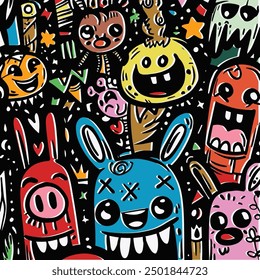 Cartoon illustration featuring a variety of vibrant monsters and characters with playful expressions, drawn with an offset effect against a dark background filled with stars and whimsical elements.