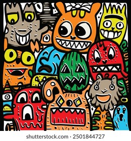 Cartoon illustration featuring a variety of vibrant monsters and characters with playful expressions, drawn with an offset effect against a white background filled with whimsical elements.
