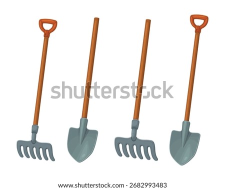 Cartoon illustration featuring various garden tools, including rakes and shovels, against a white background.
