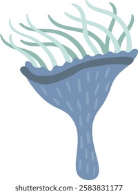 Cartoon illustration featuring a vibrant blue anemone gracefully spreading its tentacles, creating an enchanting underwater scene against a pristine white backdrop
