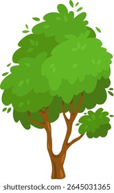 Ilustração de desenho animado com uma árvore verde vibrante com um tronco marrom resistente, mostrando folhas caindo suavemente e criando uma cena serena e natural preenchida com tranquilidade e beleza