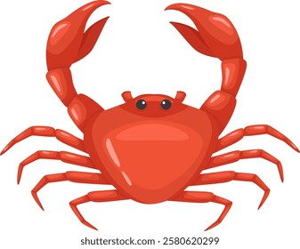 Cartoon illustration featuring a vibrant red crab raising its claws against a clean white background, highlighting the charm of this beloved seafood delicacy and marine creature