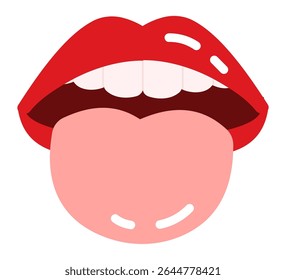 Cartoon illustration featuring vibrant red female lips, playfully showing a tongue and bright white teeth, capturing themes of taste, oral hygiene, and lively communication