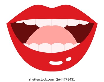 Cartoon illustration featuring vibrant red lips playfully displaying a tongue and teeth while engaging in talking, singing, shouting, or laughing, all set against a clean white background