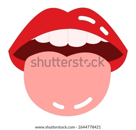 Cartoon illustration featuring vibrant red female lips, playfully showing a tongue and bright white teeth, capturing themes of taste, oral hygiene, and lively communication