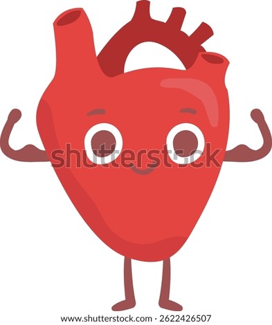 Cartoon illustration featuring a vibrant, smiling heart with strong arm muscles, promoting the importance of cardiovascular health and overall wellness in a fun and engaging way