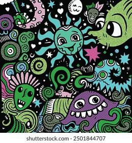 Cartoon illustration featuring a whimsical sun surrounded by surreal doodles and abstract elements in a halftone effect, set against a dark background with vibrant colors and playful characters.
