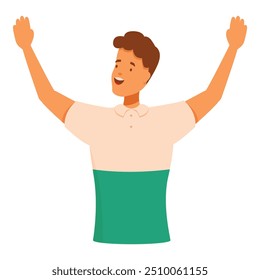 Cartoon illustration featuring a young man raising his arms in the air cheering with a happy expression on his face