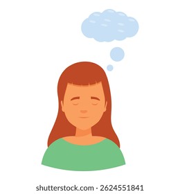Cartoon illustration featuring a young woman with closed eyes, deep in thought, visualized by a thought bubble above her head