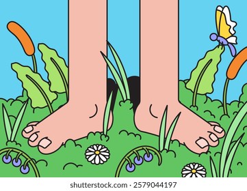 Cartoon illustration of feet standing in grass surrounded by flowers and a butterfly for nature and outdoor themes