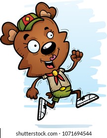 A cartoon illustration of a female bear scout running.