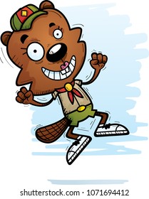 A cartoon illustration of a female beaver scout jumping.