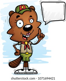 A cartoon illustration of a female beaver scout talking.