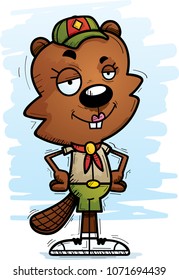 A cartoon illustration of a female beaver scout looking confident.