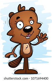 A cartoon illustration of a female beaver waving.