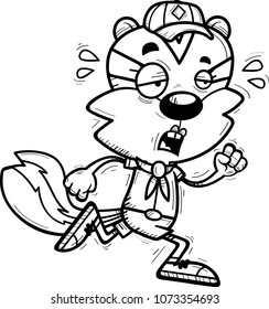 A cartoon illustration of a female chipmunk scout running and looking exhausted.