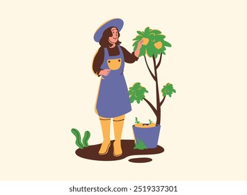 A cartoon illustration of a female farmer picking fruit from a tree. She is wearing a hat and apron and has a basket of fruit at her feet.