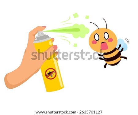 Cartoon illustration of a female hand spraying a large bee, depicting pest control or fear of insects. Humor concept view on common bug encounters
