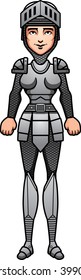 A cartoon illustration of a female knight smiling.