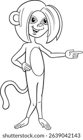 Cartoon illustration of female monkey animal character pointing at something coloring page