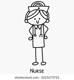 Cartoon illustration of a female nurse with a stethoscope. Depicted in a simple, friendly stick figure style. Suitable for medical, nursing, or educational visuals.