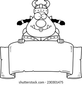 A cartoon illustration of a female orc with a banner.