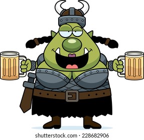 A cartoon illustration of a female orc looking drunk.