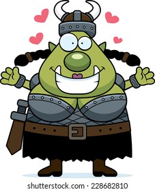 A cartoon illustration of a female orc ready to give a hug.