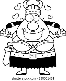 A cartoon illustration of a female orc ready to give a hug.