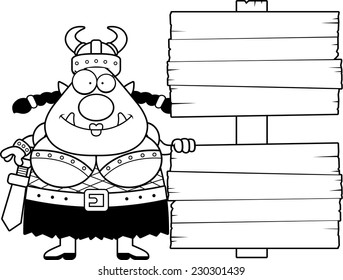 A cartoon illustration of a female orc with a wooden sign.