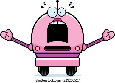 A cartoon illustration of a female pink robot looking scared.