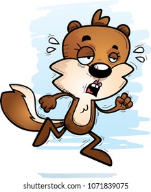 A cartoon illustration of a female squirrel running and looking exhausted.