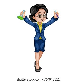 Cartoon Illustration of a Female Teacher Holding Flasks
