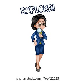 Cartoon Illustration of a Female Teacher with Magnifying Glass
