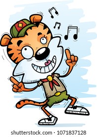 A cartoon illustration of a female tiger scout dancing.